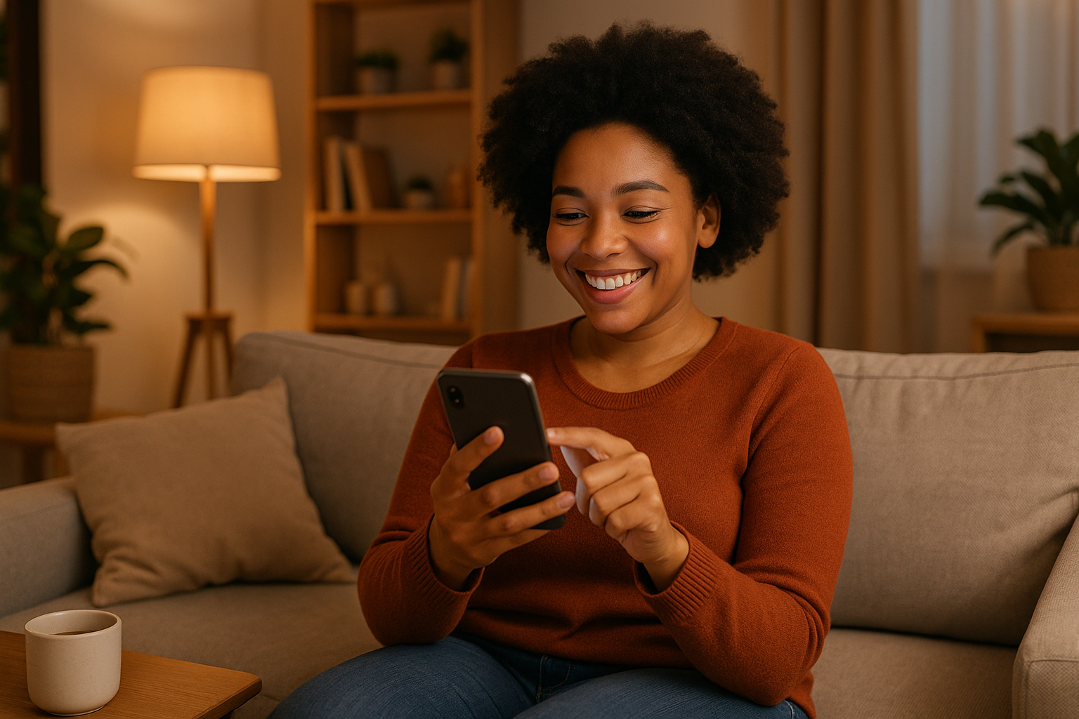 Una persona en la sala de su casa, comprando cosas en su celular. Esta persona esta sonriente